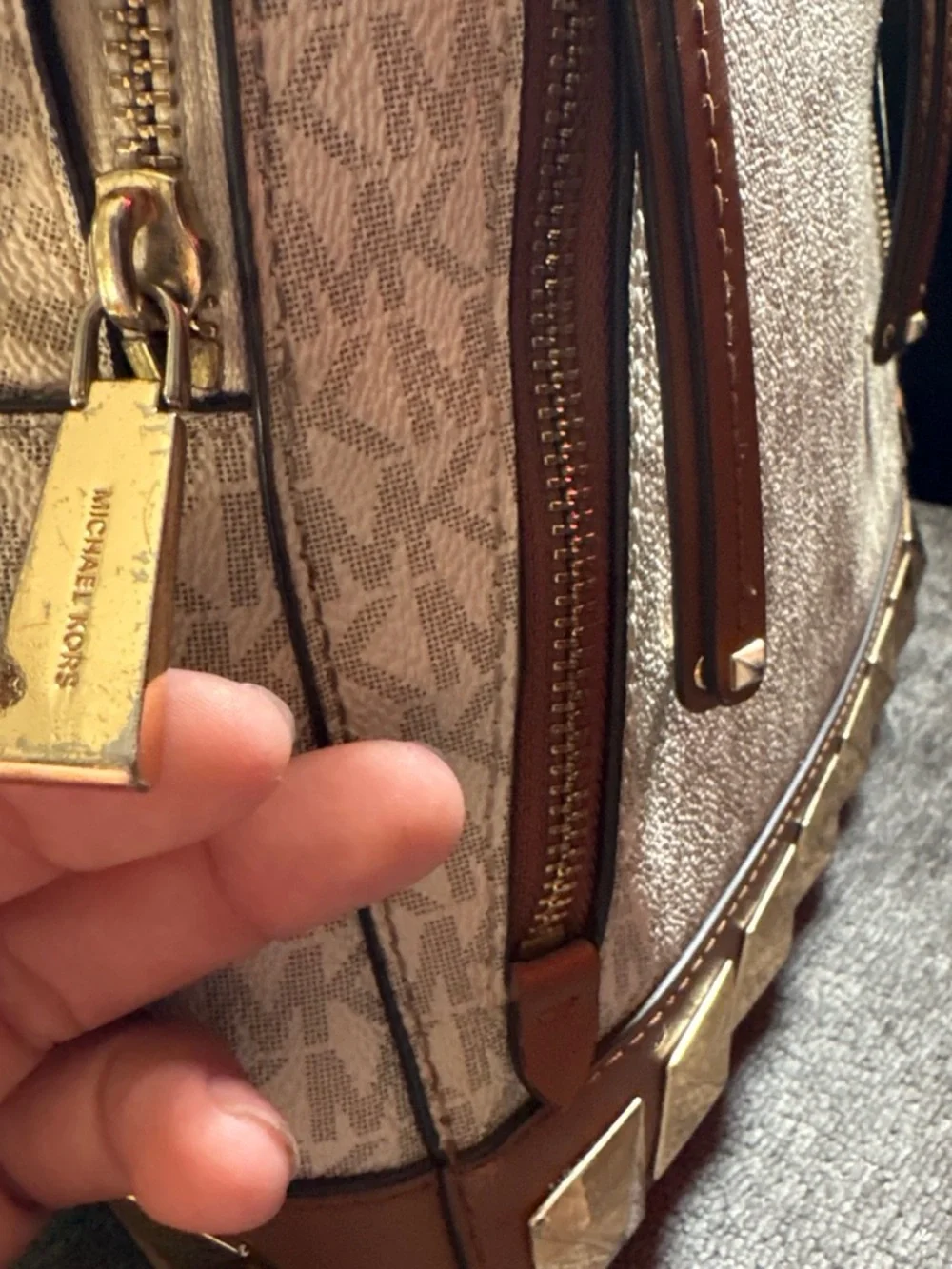 Michael Kors Signature MK Monogram Beige and Brown Studded Backpack